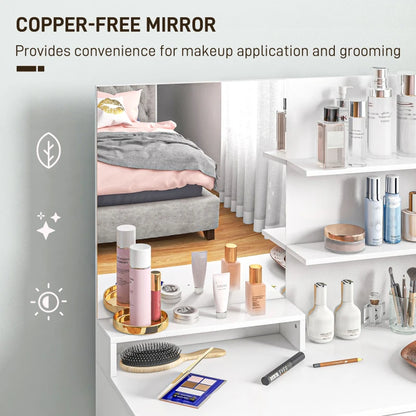 Cosmetic products on a shelf with a bedroom in the background, emphasizing copper-free mirror convenience.