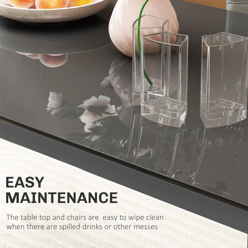 Clear glass vases on a reflective black table with text about easy maintenance.