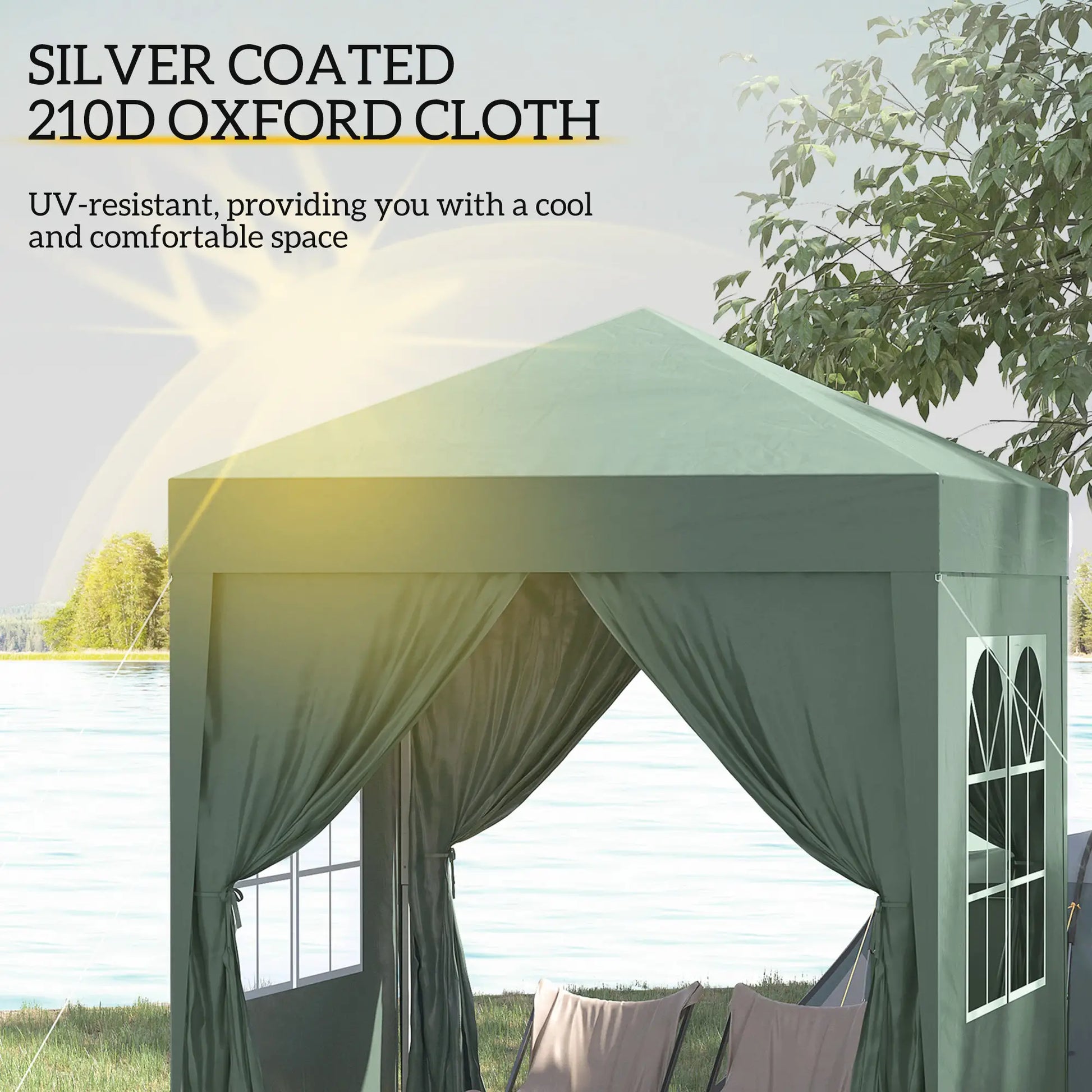 Green outdoor canopy with silver-coated 210D Oxford cloth, set against a natural background.
