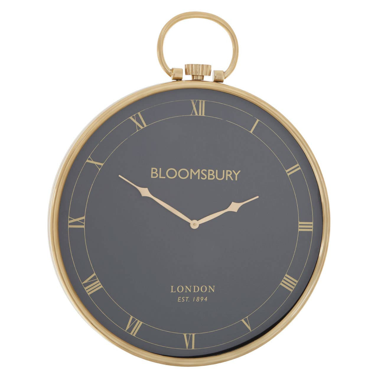 Wall clock with gold frame and 'Bloomsbury London' branding on a white background