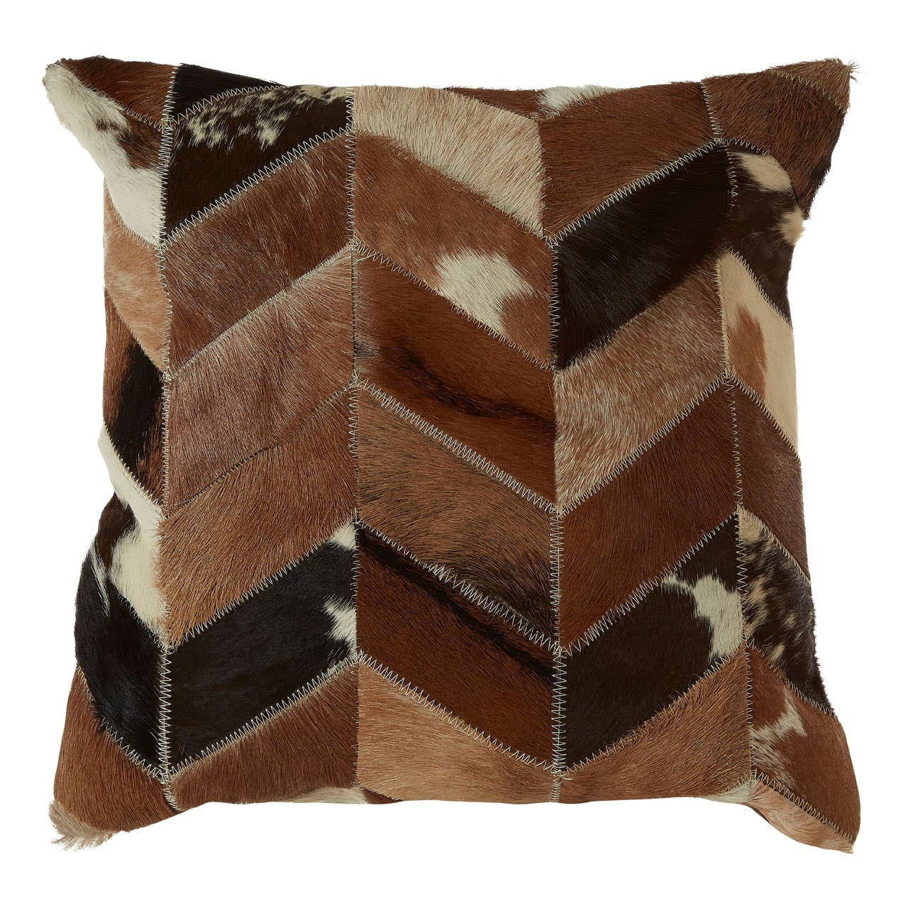 Patchwork pillow with brown, black, and beige geometric pattern on a white background