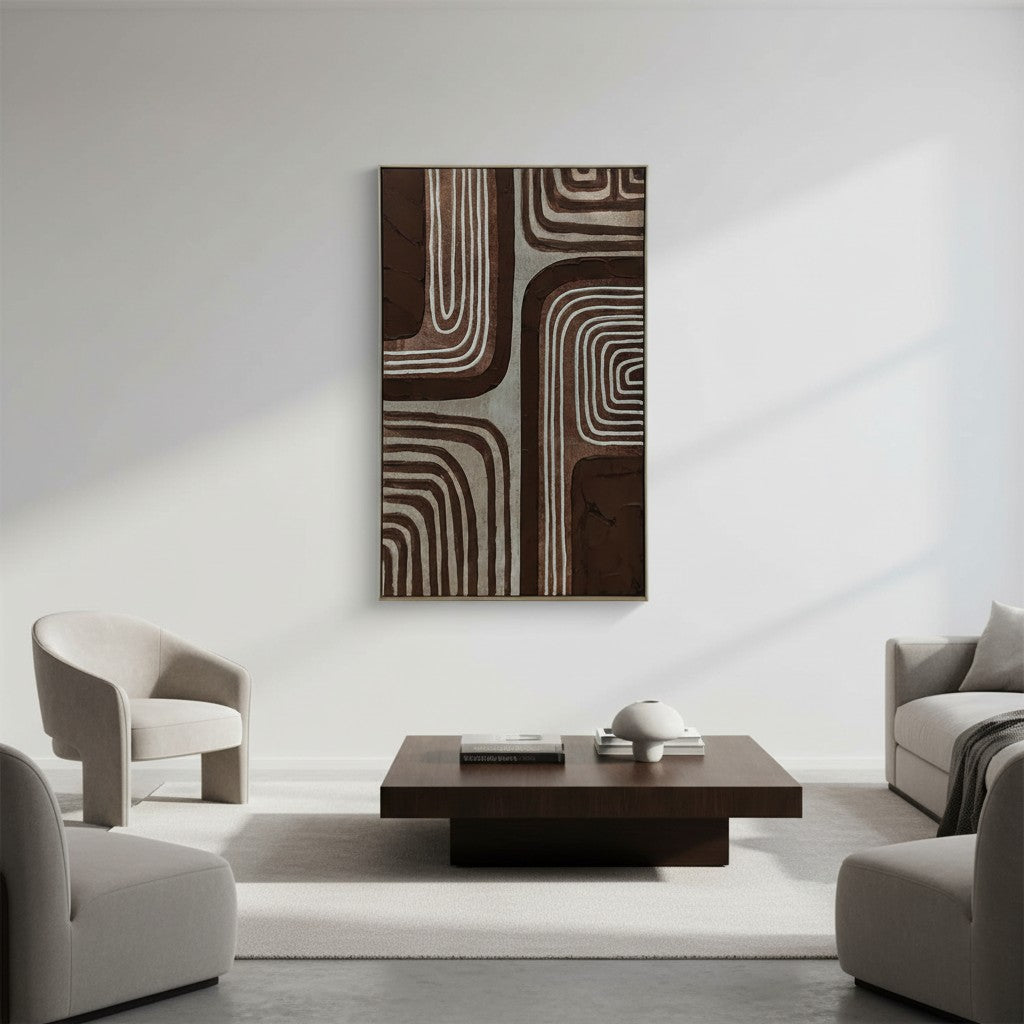 Modern living room with abstract wall art, coffee table, and gray sofa.