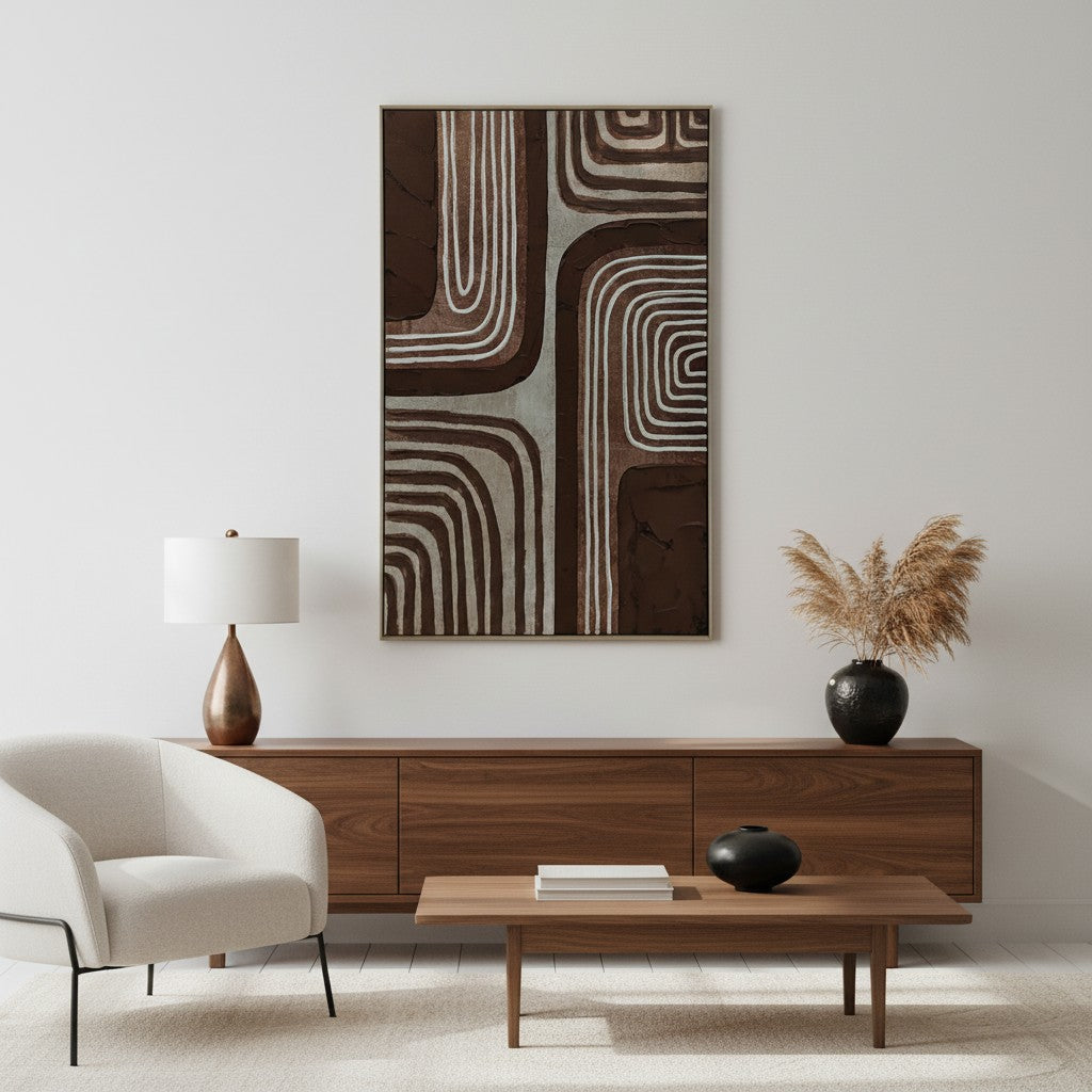 Modern living room with wooden furniture, abstract art, and decorative items.