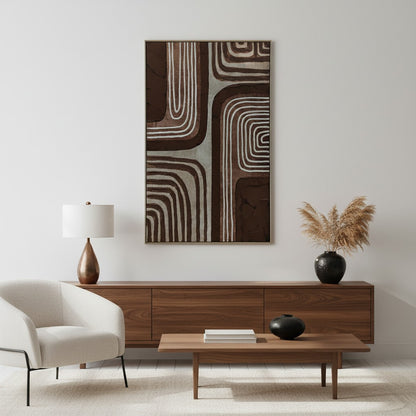Modern living room with wooden furniture, abstract art, and decorative items.
