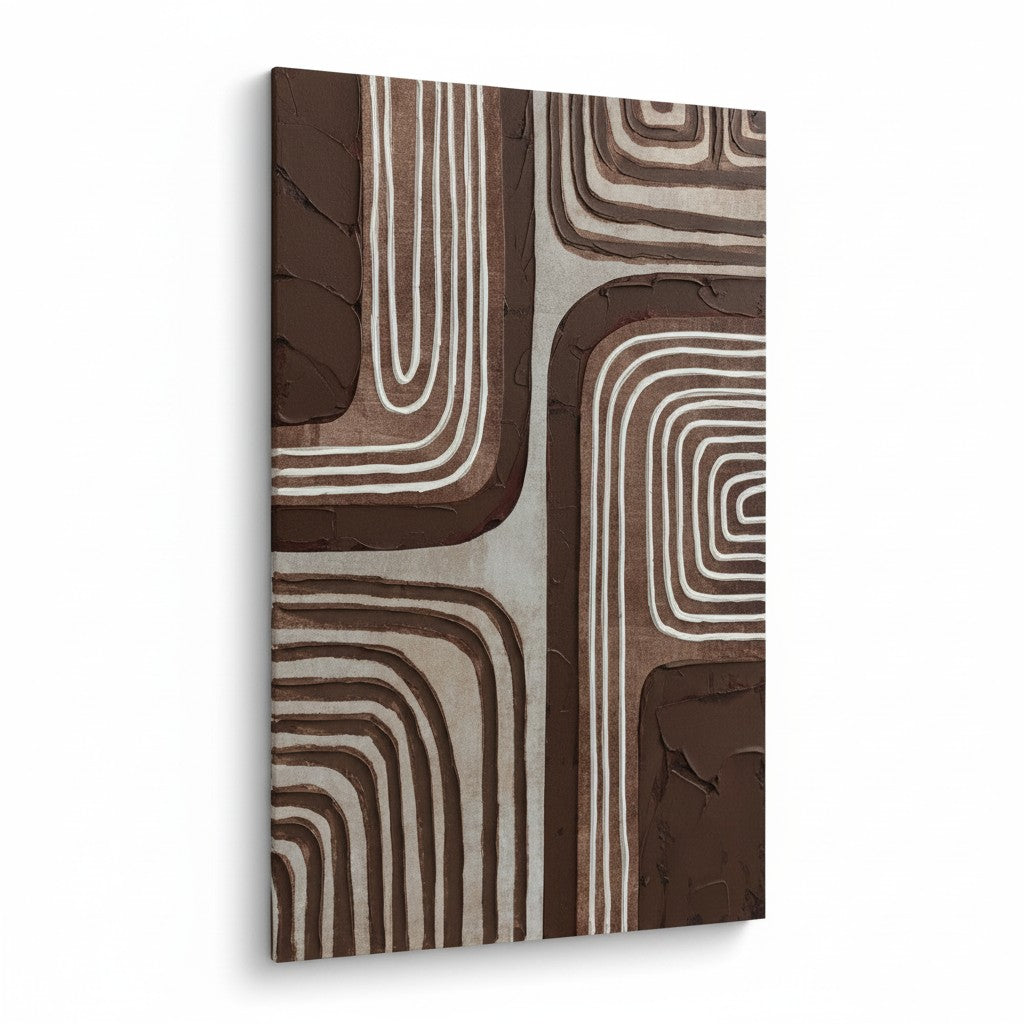 Abstract art piece with brown and beige wavy patterns on a white background