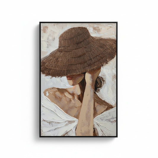 Framed artwork of a woman wearing a straw hat with a neutral color palette.