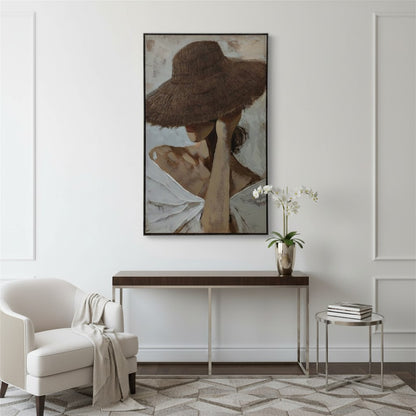 Living room with a painting of a woman with a hat on the wall, a console table, and a chair.