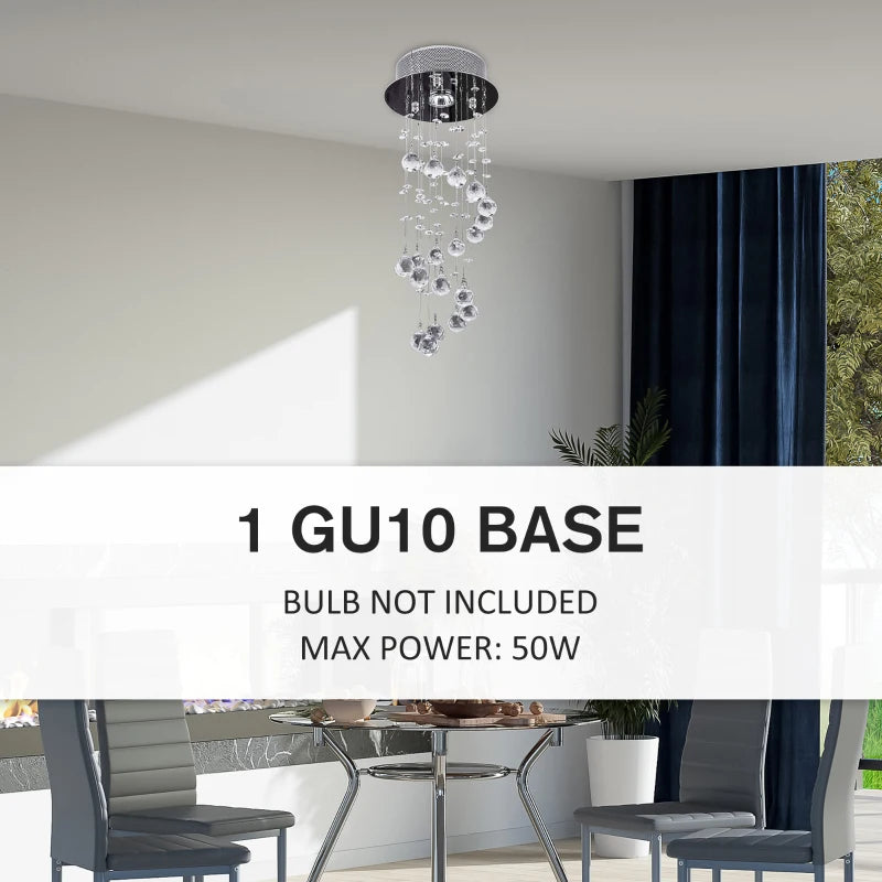 Modern chandelier hanging in a dining room with text about GU10 base and bulb information.