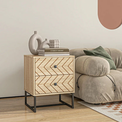 Wooden side table with chevron pattern next to a beige sofa in a living room setting.