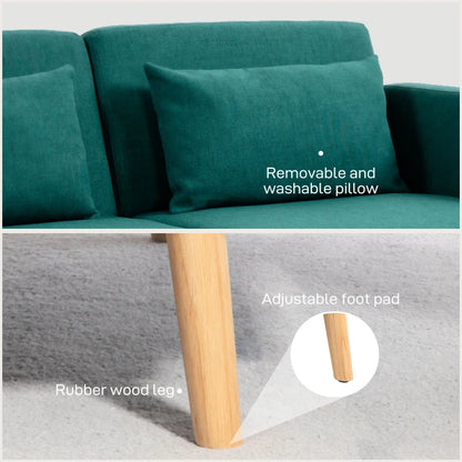 Teal sofa with removable pillow and adjustable foot pad on a gray background