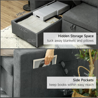 Gray sectional sofa with hidden storage space and side pockets.