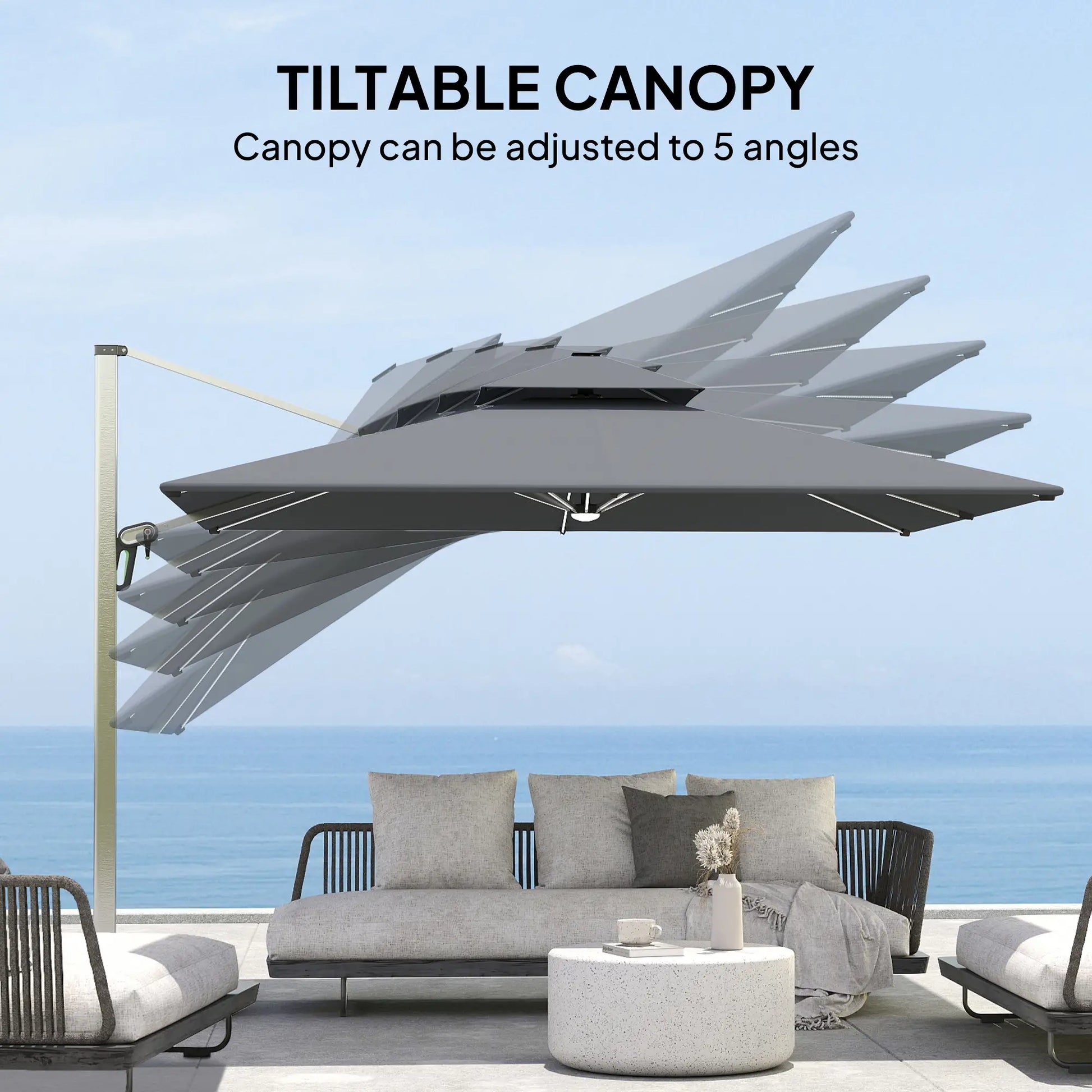 Patio umbrella with tiltable canopy on a balcony with ocean view