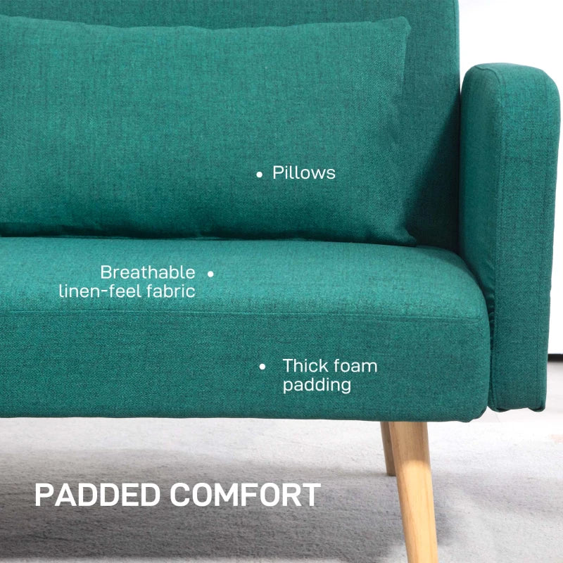 Green sofa with text highlighting features like breathable fabric and thick foam padding.