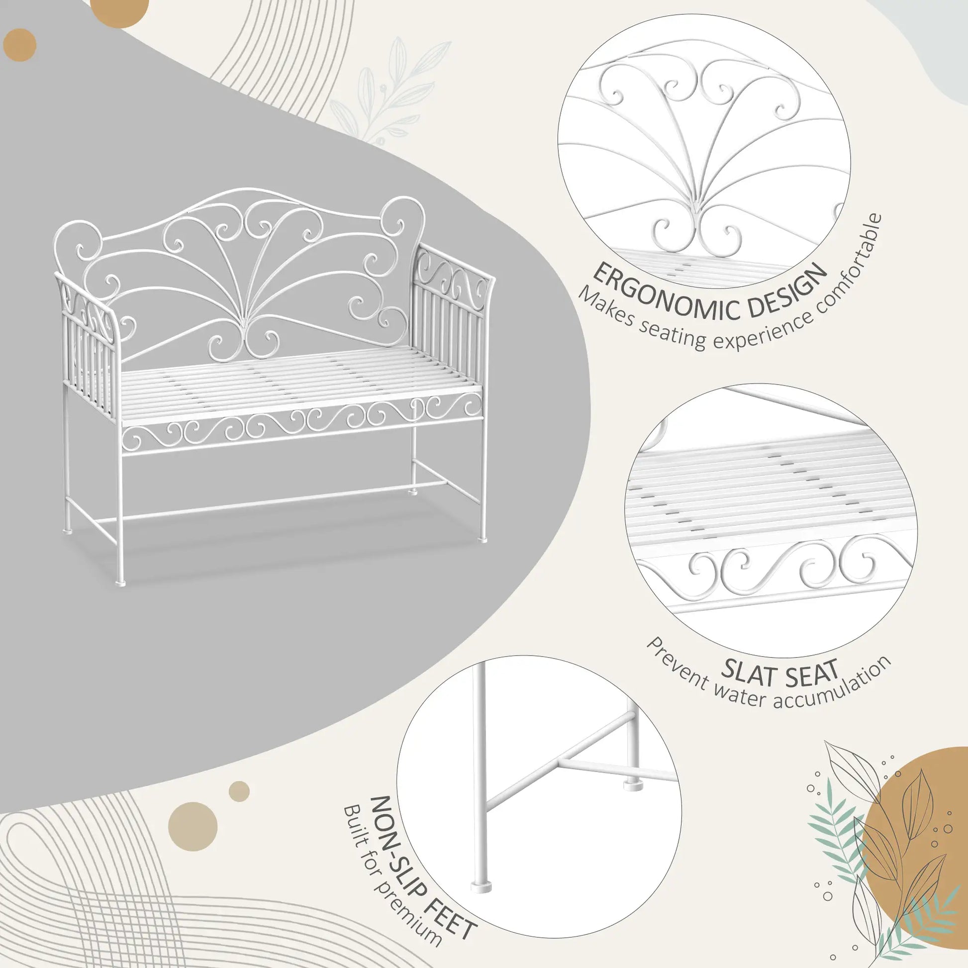 Decorative metal bench with ergonomic design features on a neutral background