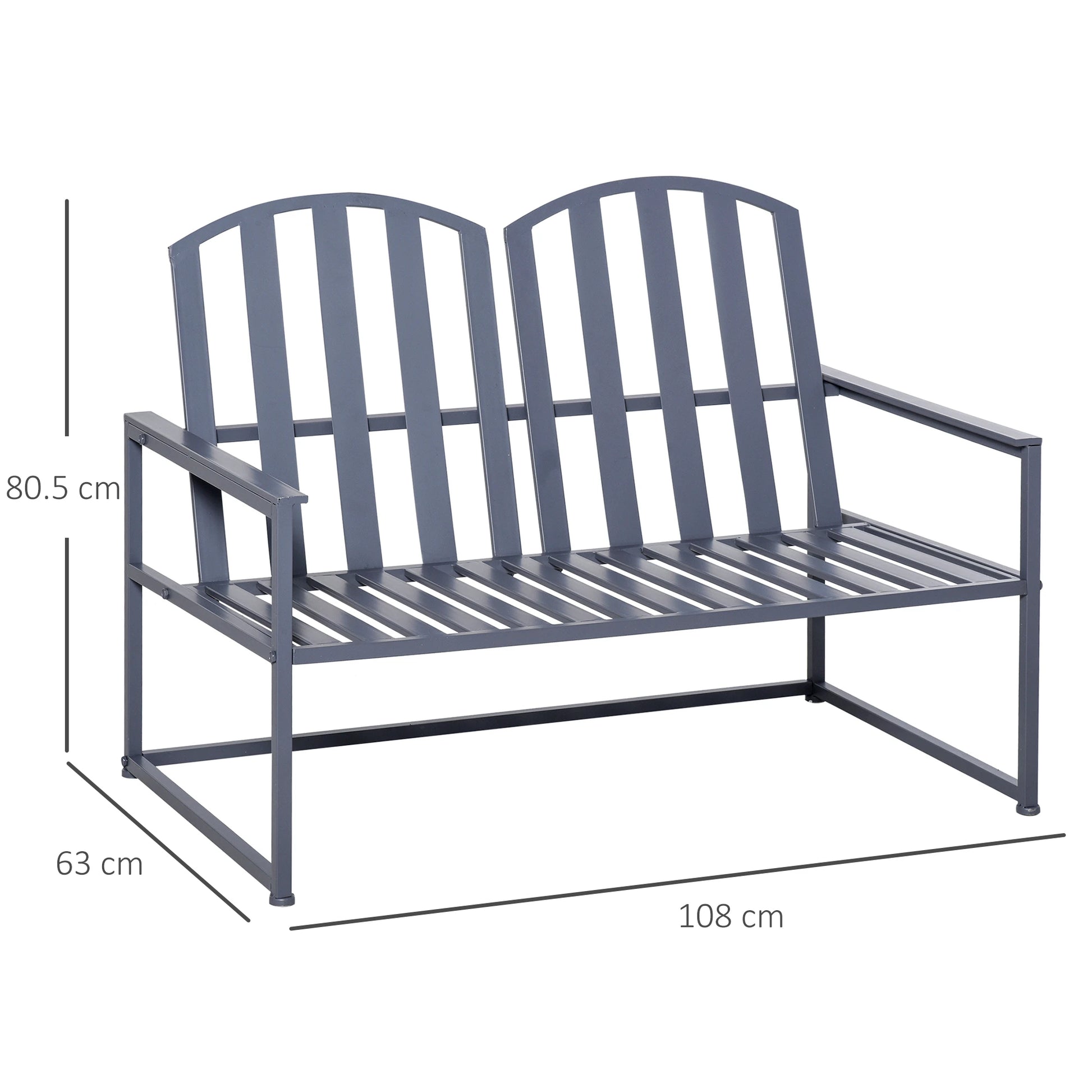 Gray metal bench with dimensions on a white background