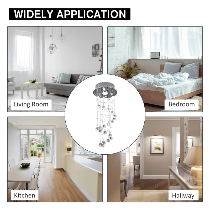 Chandelier shown in various room settings including living room, bedroom, kitchen, and hallway.