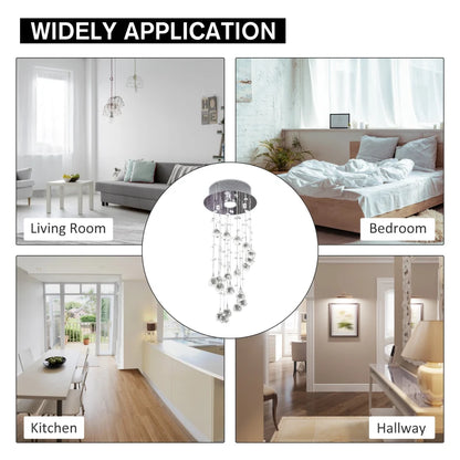 Chandelier shown in various room settings including living room, bedroom, kitchen, and hallway.