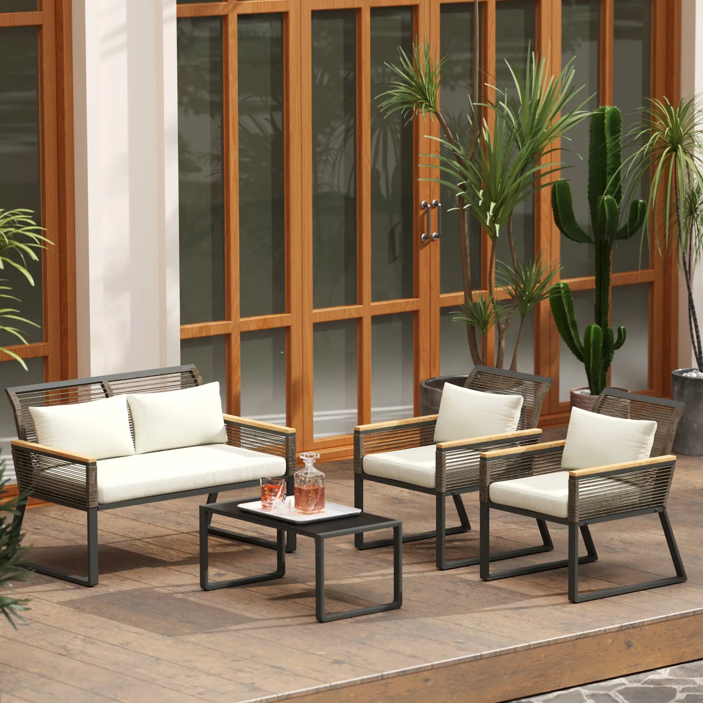 Outsunny Four Piece Wicker Rope Garden Furniture Set with Glass Top Coffee Table