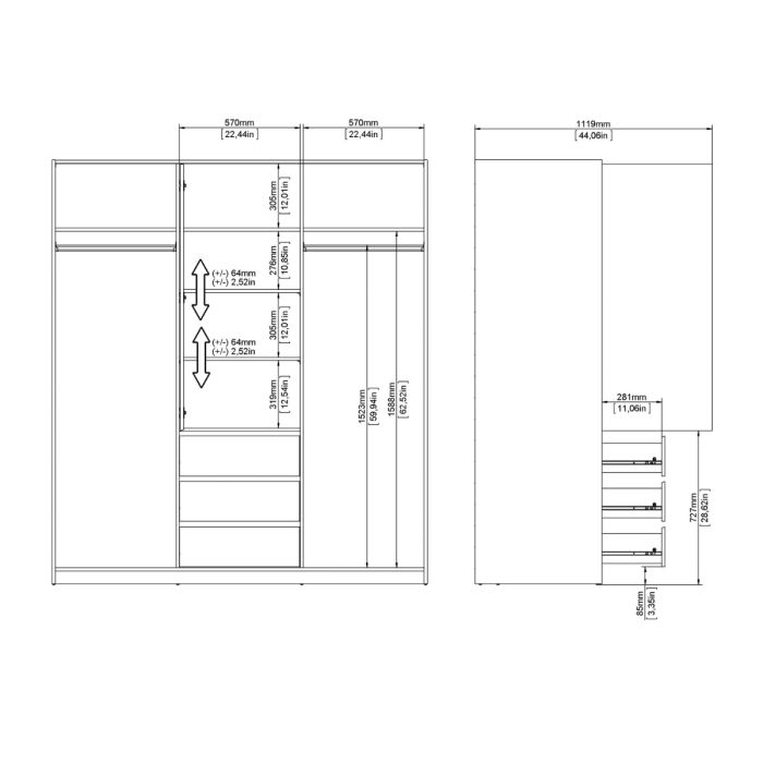 Technical drawing of a rectangular object with dimensions