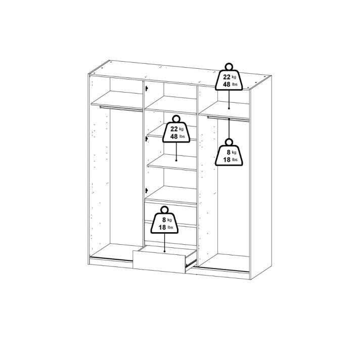 Diagram of a wardrobe with shelves and measurements indicated by weight icons.