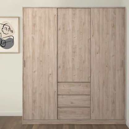 Wooden wardrobe with sliding doors in a room setting