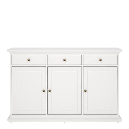 White sideboard with three doors and two drawers on a white background