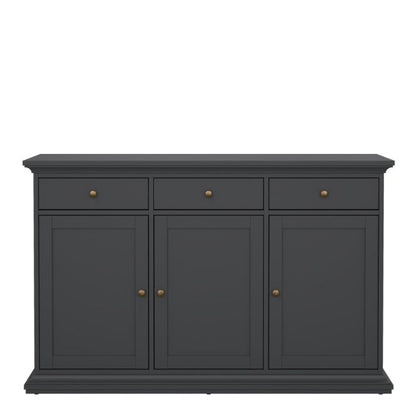 Dark gray sideboard with three drawers and three doors on a white background