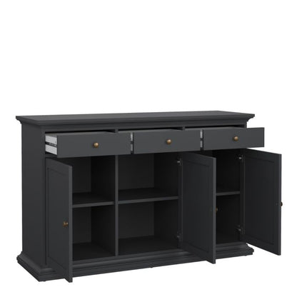 Dark gray sideboard with open doors on a white background