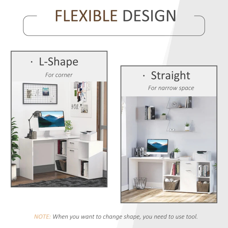 Two office desk configurations labeled 'L-Shape' and 'Straight' with text indicating tool required for shape change.