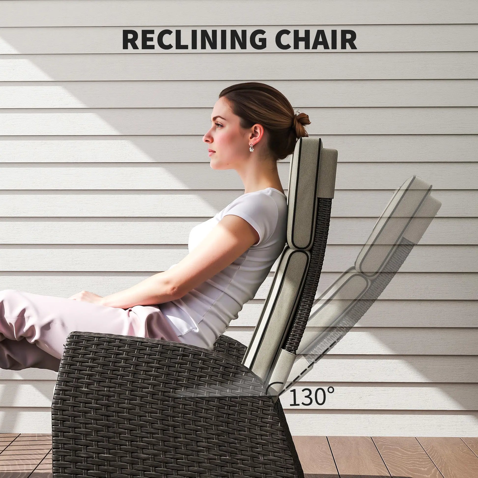 Woman sitting on a reclining chair with a 130° angle indicator, on a wooden deck.