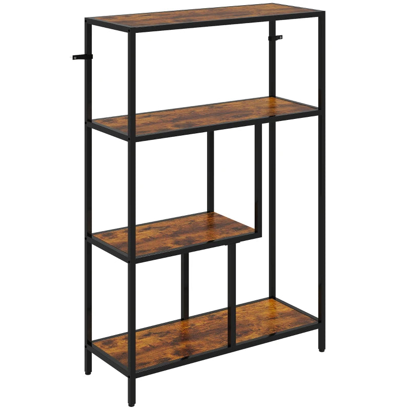Four-tiered shelf with wooden shelves and black metal frame on a white background