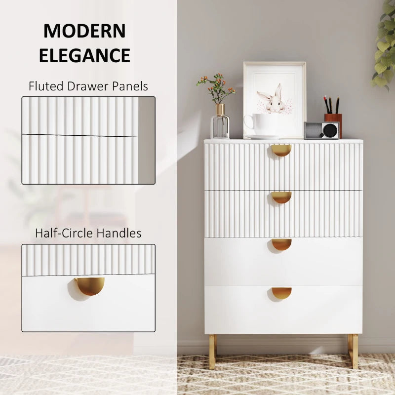 White cabinet with fluted drawer panels and half-circle handles, featuring decorative items on top.