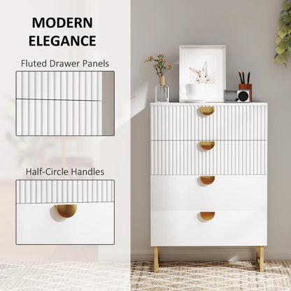 White cabinet with fluted drawer panels and half-circle handles, featuring decorative items on top.
