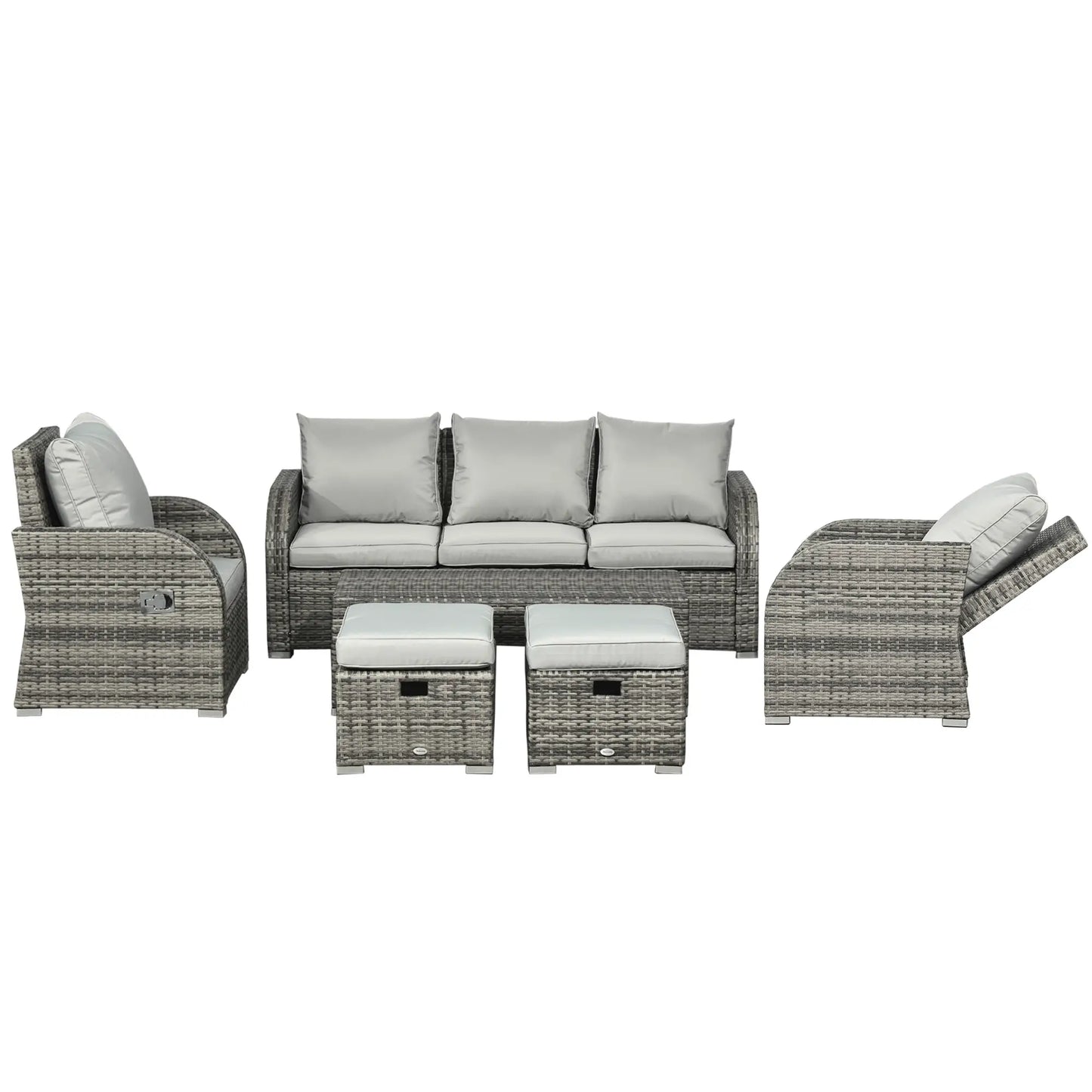 Outdoor furniture set with gray cushions on a white background