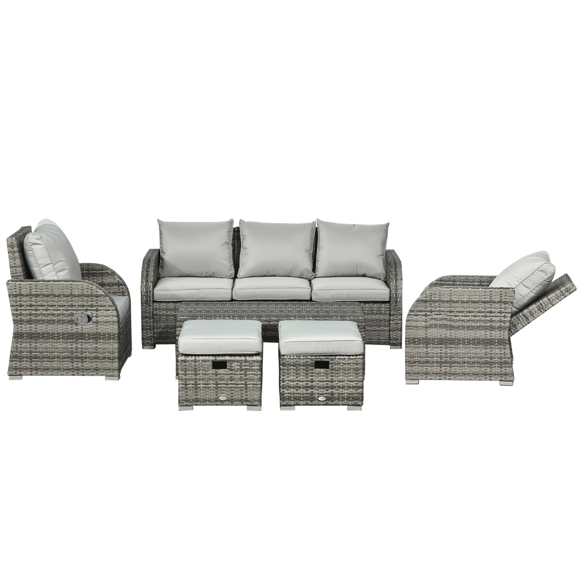 Outdoor furniture set with gray cushions on a white background