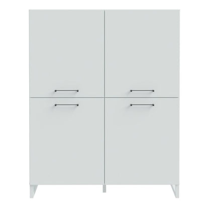 White cabinet with four doors and handles on a white background