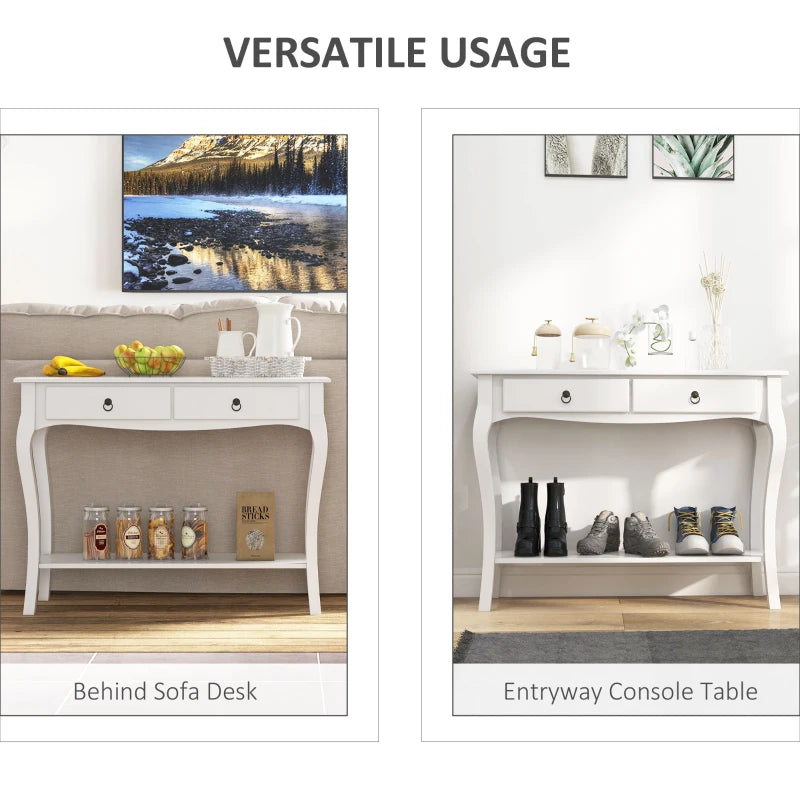 White console table used as a sofa desk and entryway console table with various items.