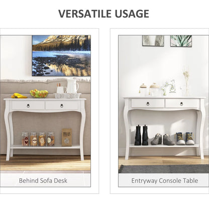 White console table used as a sofa desk and entryway console table with various items.