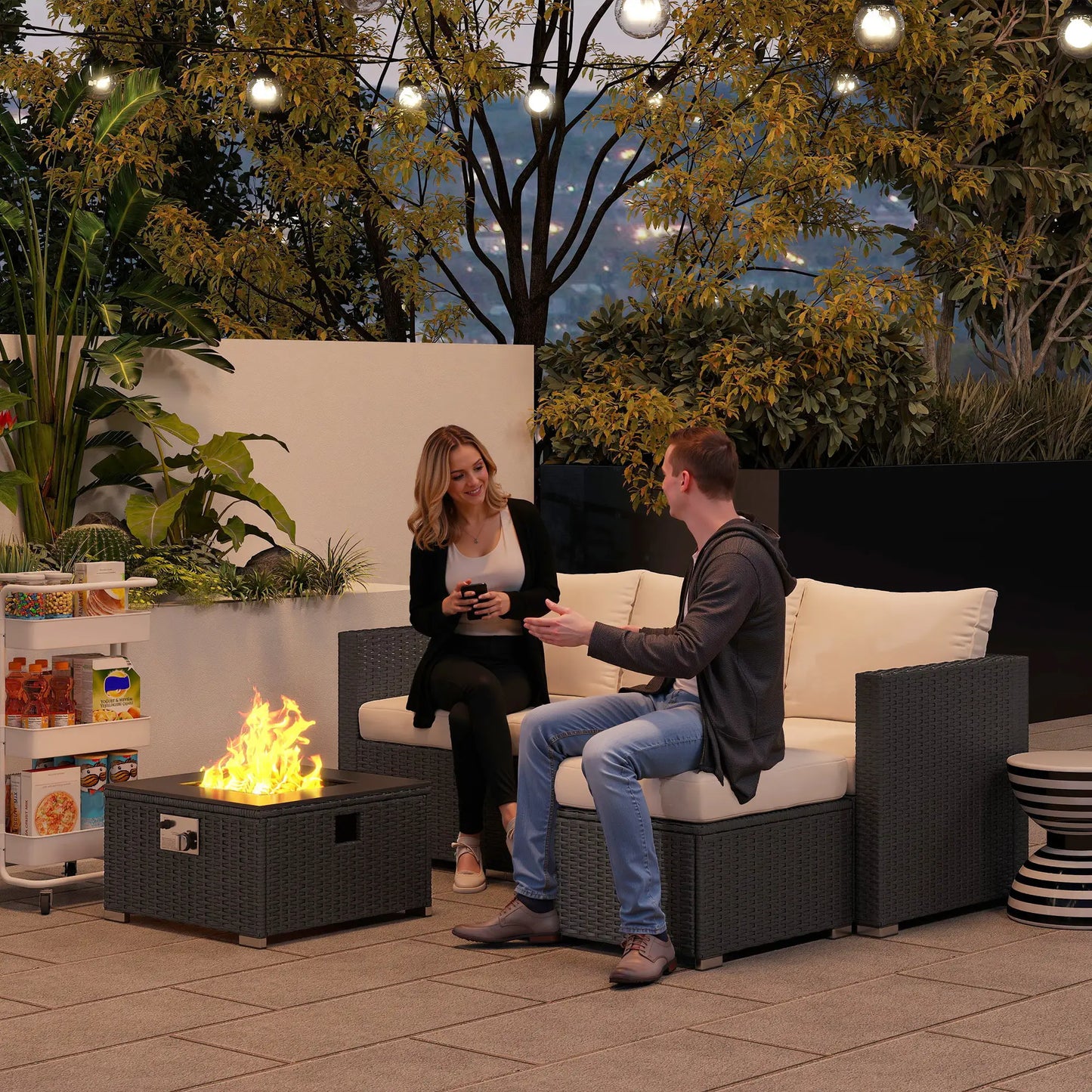 Outsunny Five Piece Rattan Garden Furniture Set with Gas Fire Pit Table and Footstool