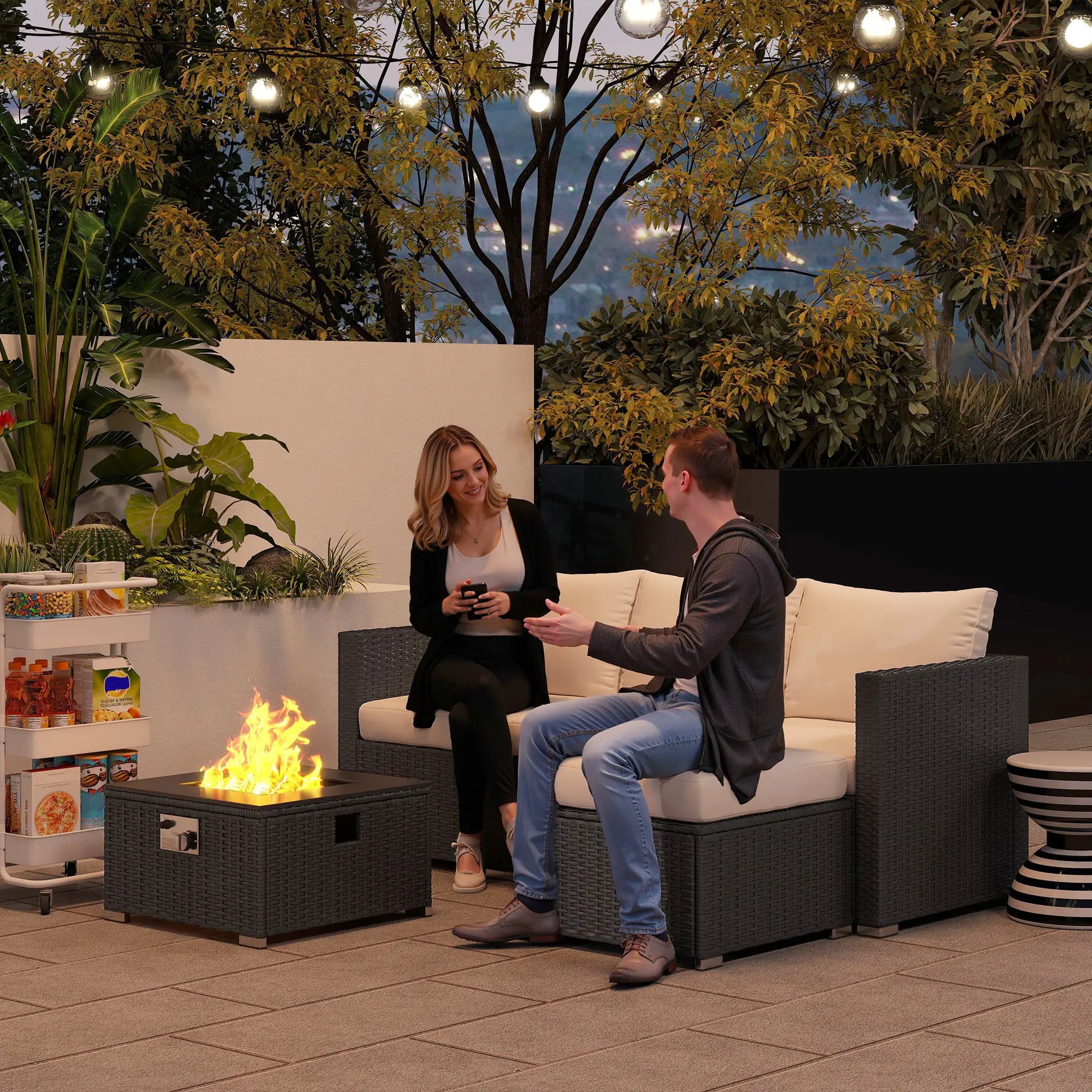 Outsunny Five Piece Rattan Garden Furniture Set with Gas Fire Pit Table and Footstool