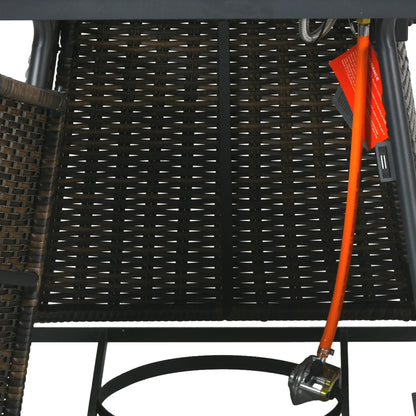 Close-up of a black woven chair with an orange tool on a white background