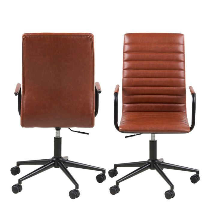 Two brown office chairs with black wheels on a white background