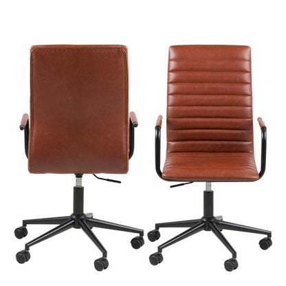 Two brown office chairs with black wheels on a white background