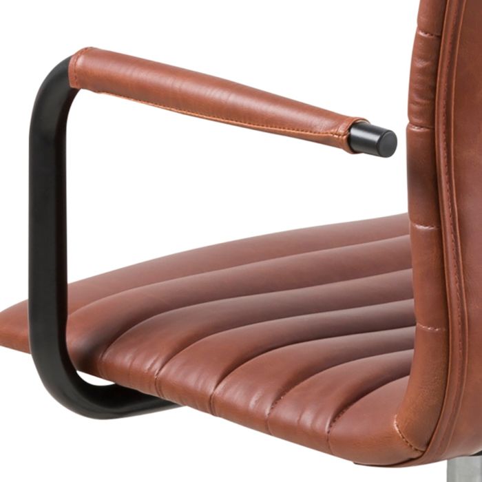Brown leather chair with black metal armrests on a white background