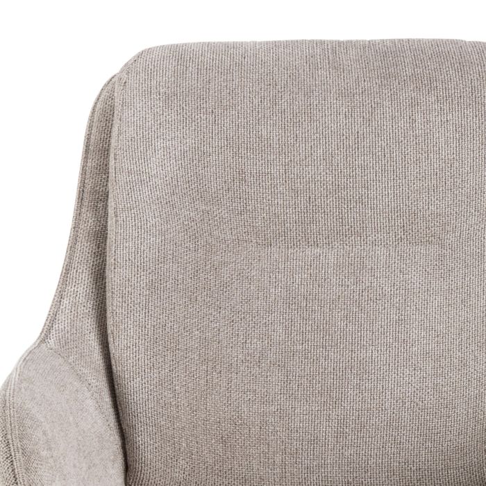 Close-up of a gray upholstered chair armrest on a white background