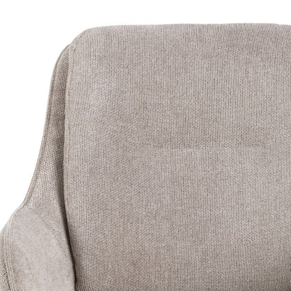 Close-up of a gray upholstered chair armrest on a white background