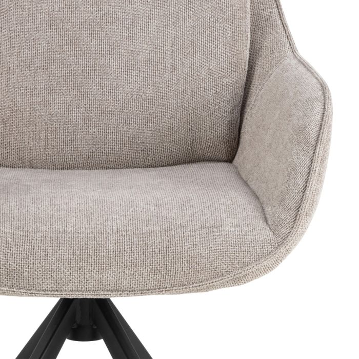 Close-up of a gray upholstered chair with a black metal base on a white background