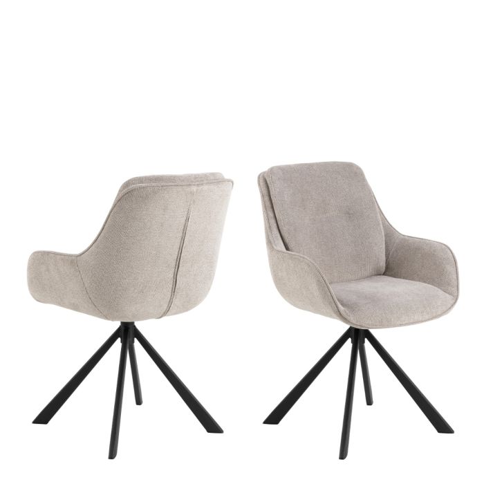 Two beige chairs with black metal legs on a white background