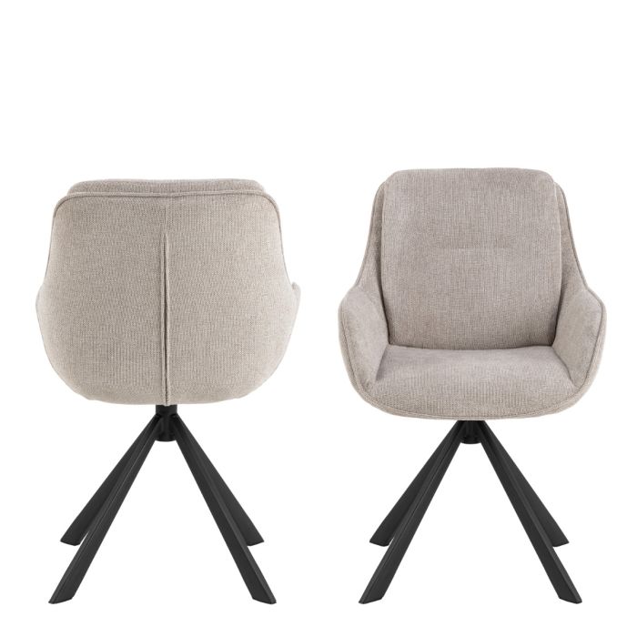 Two beige upholstered chairs with black metal legs on a white background