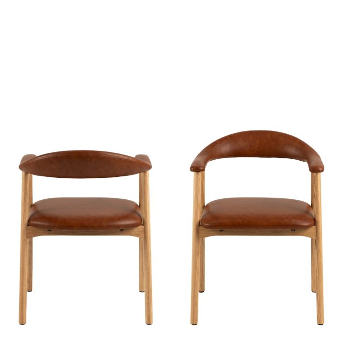 Two brown leather chairs with wooden frames on a white background